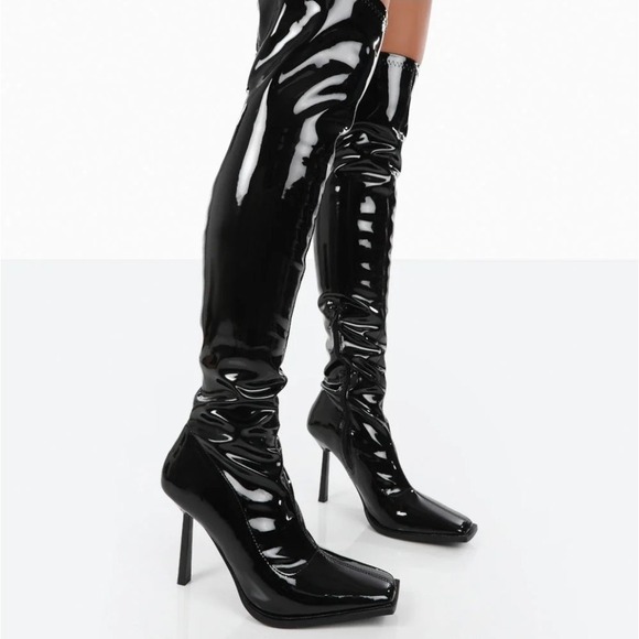 Public Desire Jenine Black Patent Over The Knee Stiletto Heeled Boots SZ 8 - Picture 1 of 16